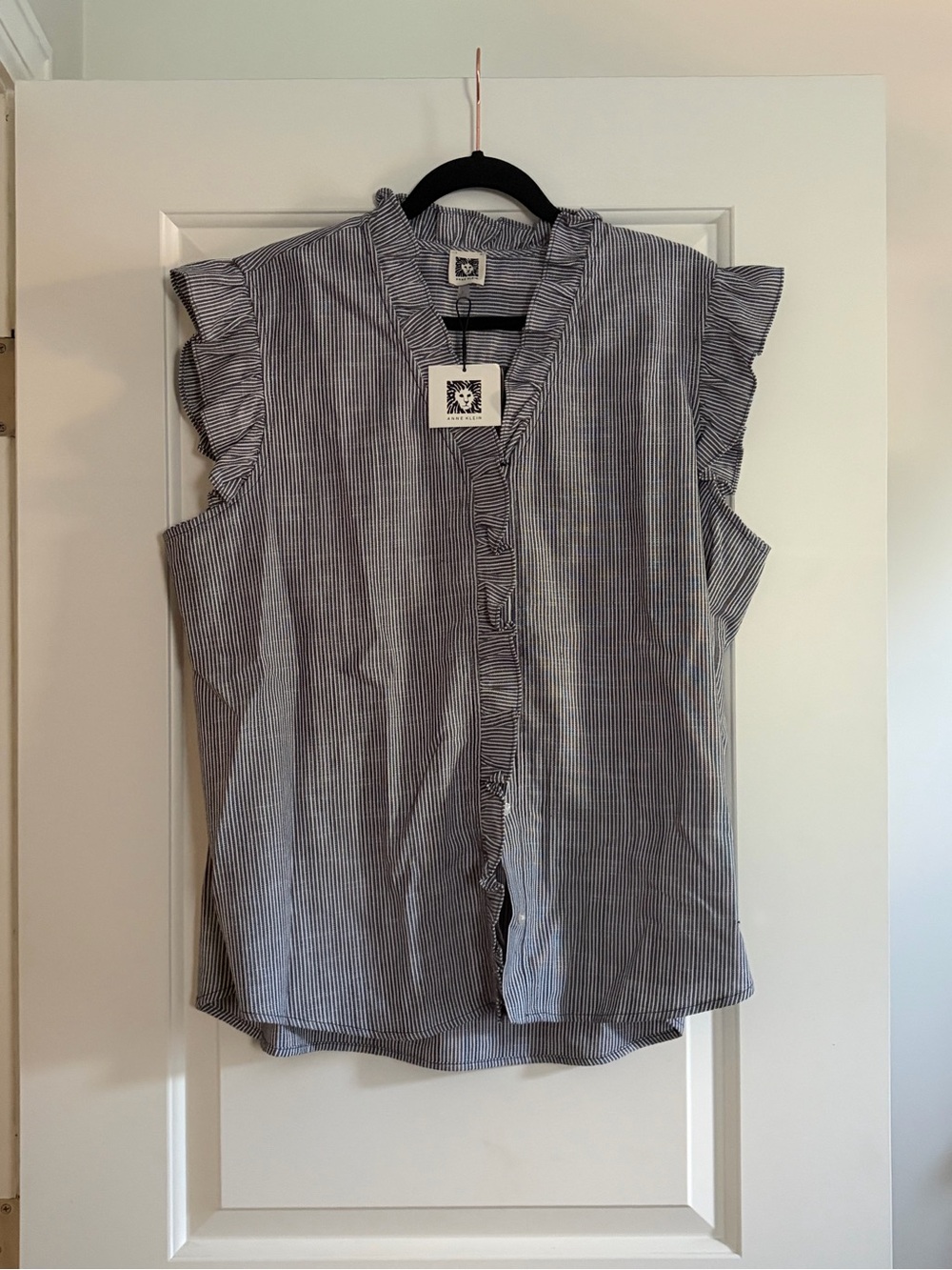 NWT Anne Klein Blue and White Pinstripe Ruffle-Sleeve Button Front Blouse